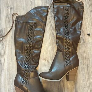 Women's Brown Lace-Up Over-the-Knee Boots - Chunky Heel